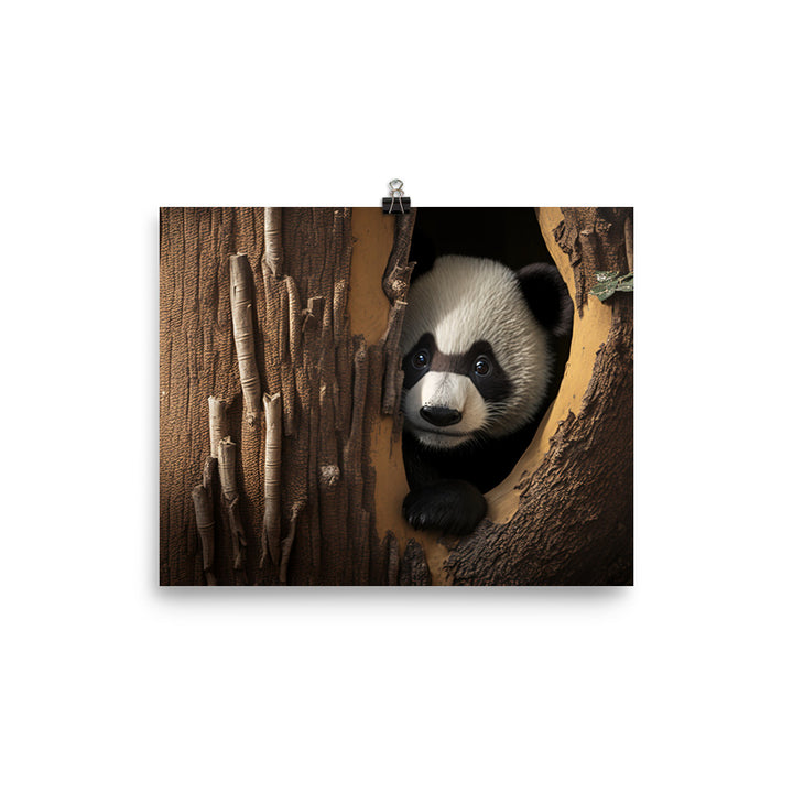 A curious panda bear peeking out from behind a tree trunk photo paper poster - Posterfy.AI