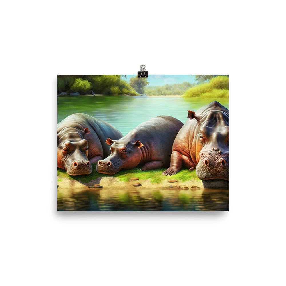 A hippo family sunbathing on the banks of a river photo paper poster - Posterfy.AI