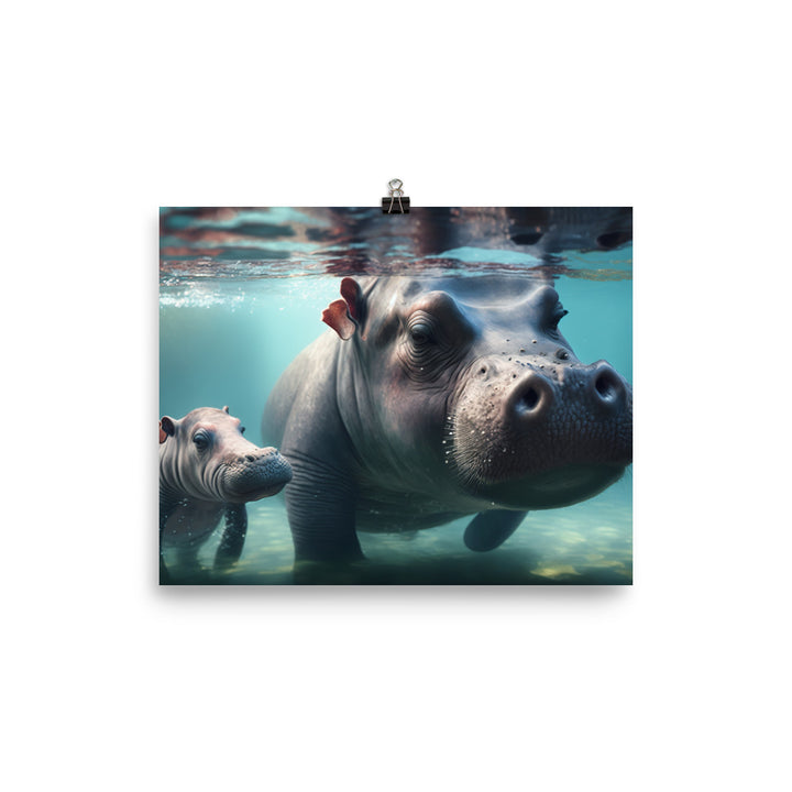 A cute baby hippo playing in the water with its mother photo paper poster - Posterfy.AI