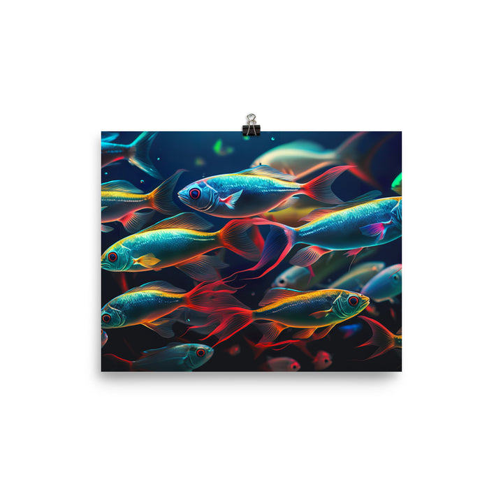 Neon tetras swimming in a brightly lit aquarium photo paper poster - Posterfy.AI