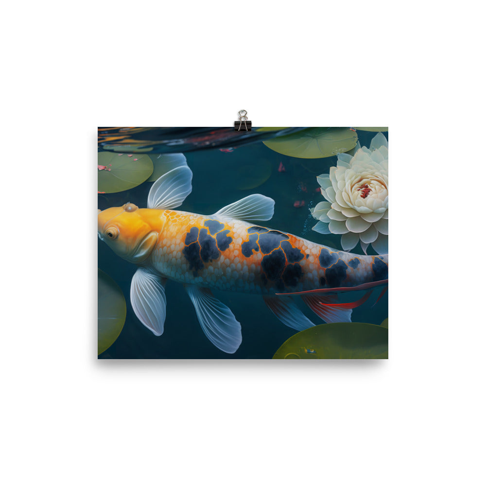 Koi fish swimming in a clear blue pond photo paper poster - Posterfy.AI