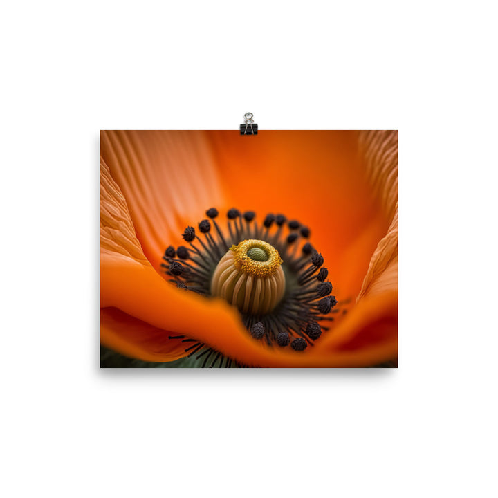 A macro shot of a bright orange poppy photo paper poster - Posterfy.AI