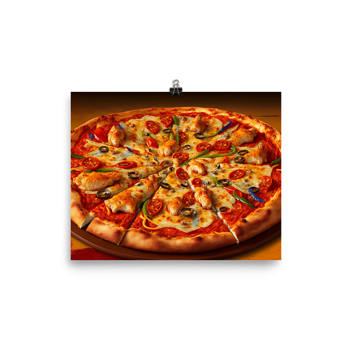 A spicy chicken pizza with chunks of tender chicken photo paper poster - Posterfy.AI