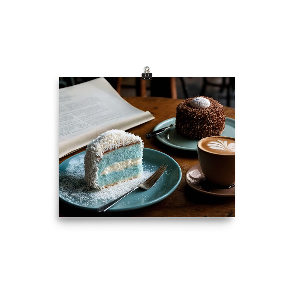 Coconut-covered cake paired with the smooth coffee photo paper poster - Posterfy.AI