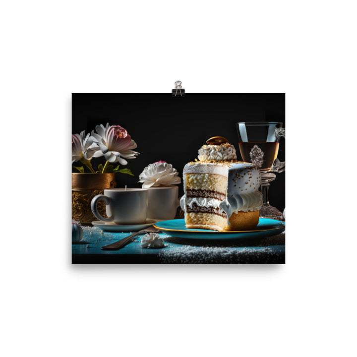 A Charming cafe with Delicious Coffee and Cake photo paper poster - Posterfy.AI