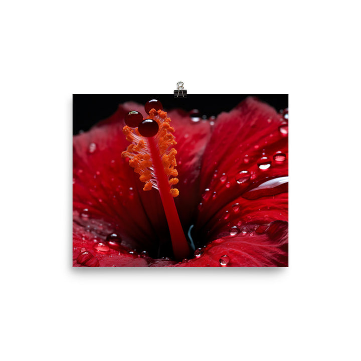 Close-Up of a Red Hibiscus with Dew Drops photo paper poster - Posterfy.AI