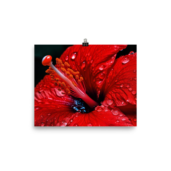 Close-Up of a Red Hibiscus with Dew Drops  photo paper poster - Posterfy.AI