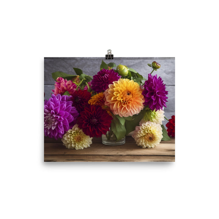 Dahlia Bouquet on a Wooden Table photo paper poster - Posterfy.AI