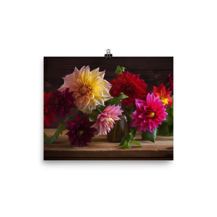 Dahlia Bouquet on a Wooden Table photo paper poster - Posterfy.AI