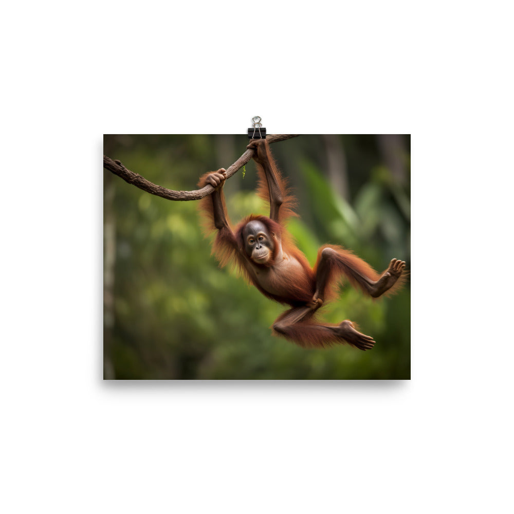 Playful Orangutan Swinging on Branch photo paper poster - Posterfy.AI