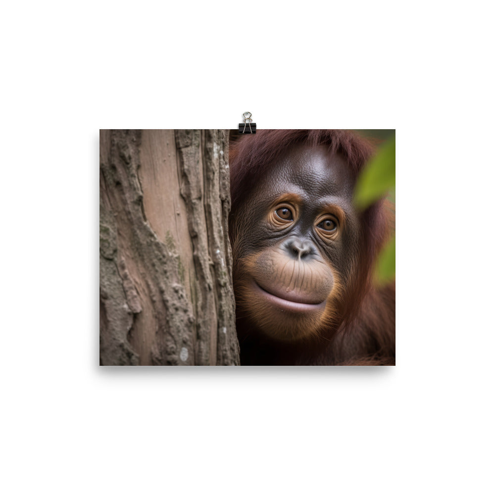 Inquisitive Orangutan Peeking from Behind Tree photo paper poster - Posterfy.AI