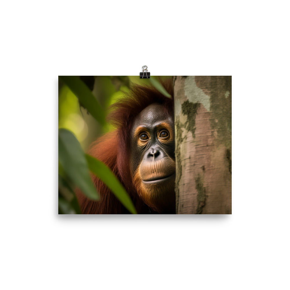 Inquisitive Orangutan Peeking from Behind Tree photo paper poster - Posterfy.AI