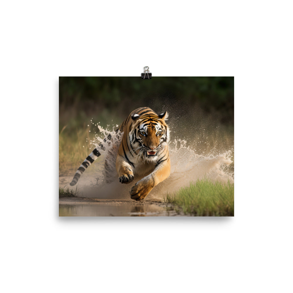 Bengal Tiger Pouncing on Prey photo paper poster - Posterfy.AI