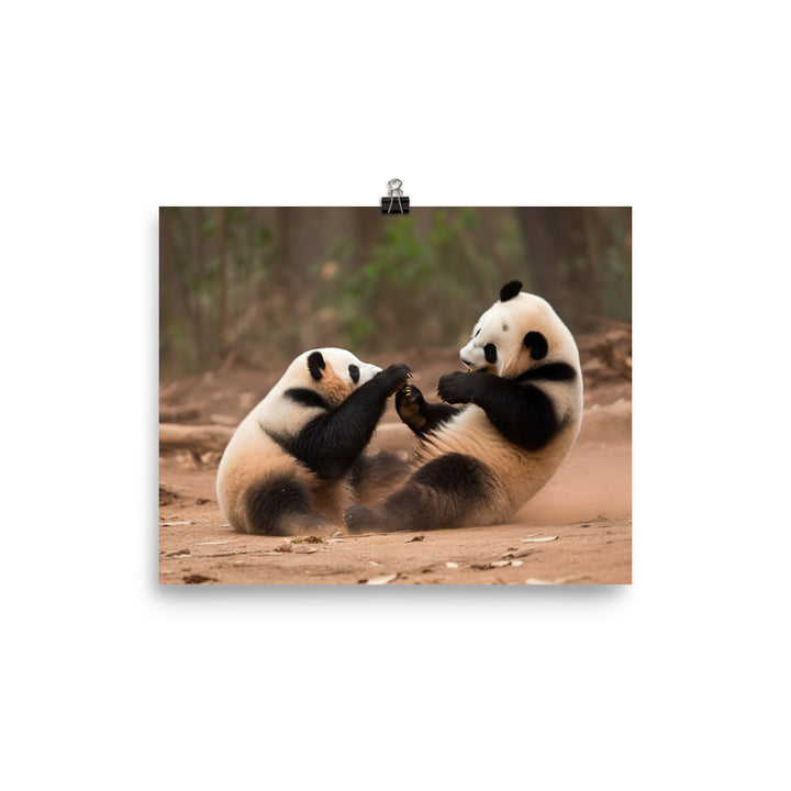 Playful Panda Duo in Action photo paper poster - Posterfy.AI