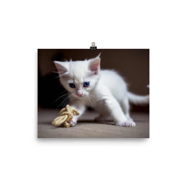 Adorable Turkish Angora kitten playing with a toy photo paper poster - Posterfy.AI