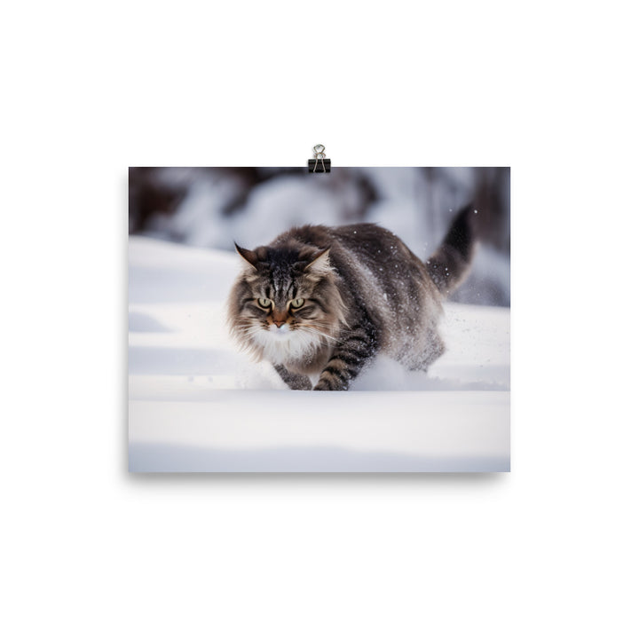 Norwegian Forest Cat Playing in the Snow photo paper poster - Posterfy.AI