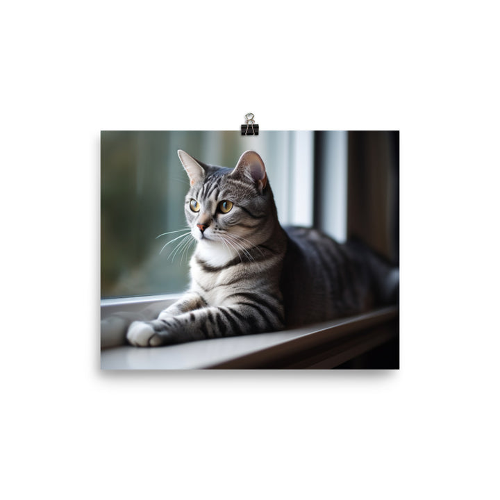 Charming American Shorthair posing on a windowsill photo paper poster - Posterfy.AI