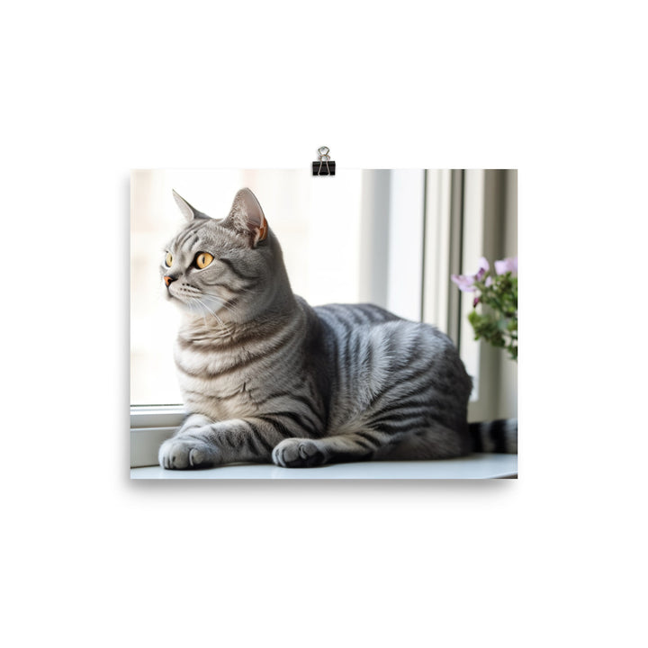 Charming American Shorthair posing on a windowsill photo paper poster - Posterfy.AI