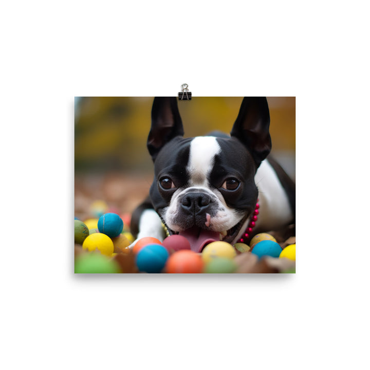 Happy Boston Terrier with Toys photo paper poster - Posterfy.AI