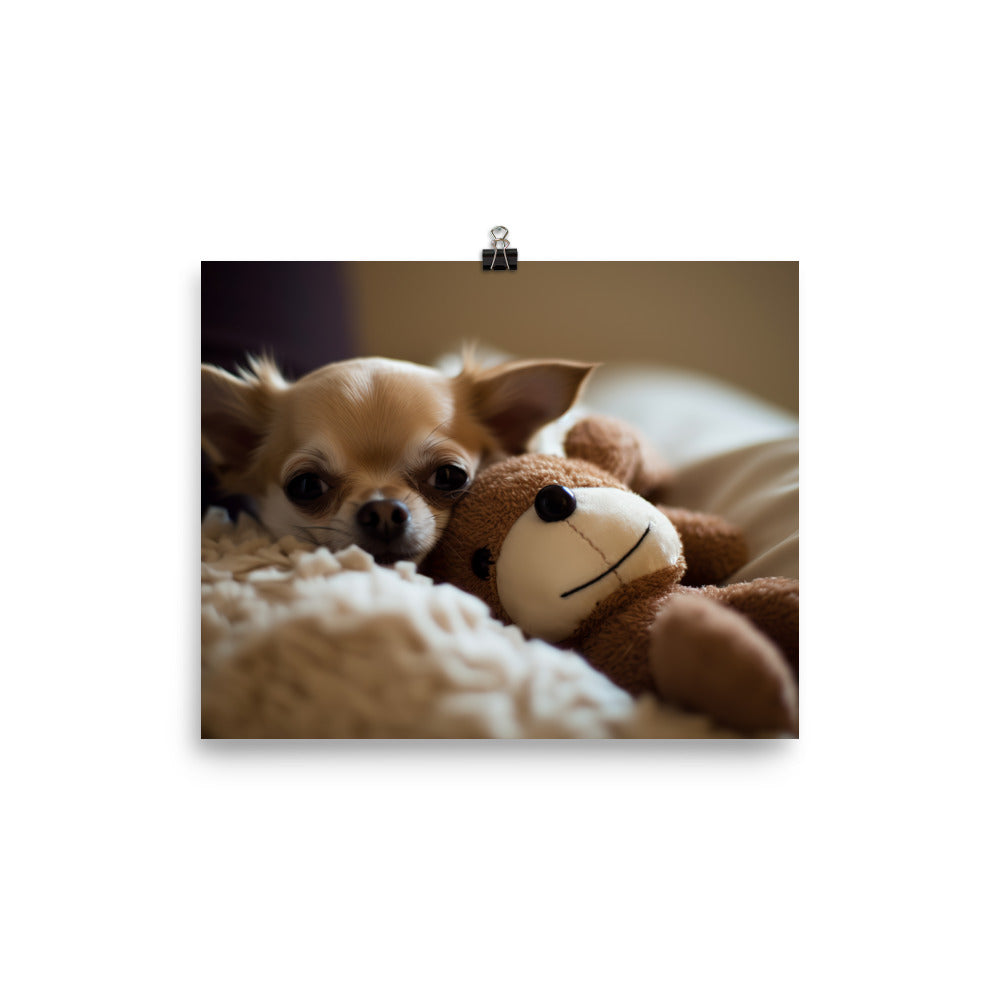 A Chihuahua snuggled up with a plush toy photo paper poster - Posterfy.AI