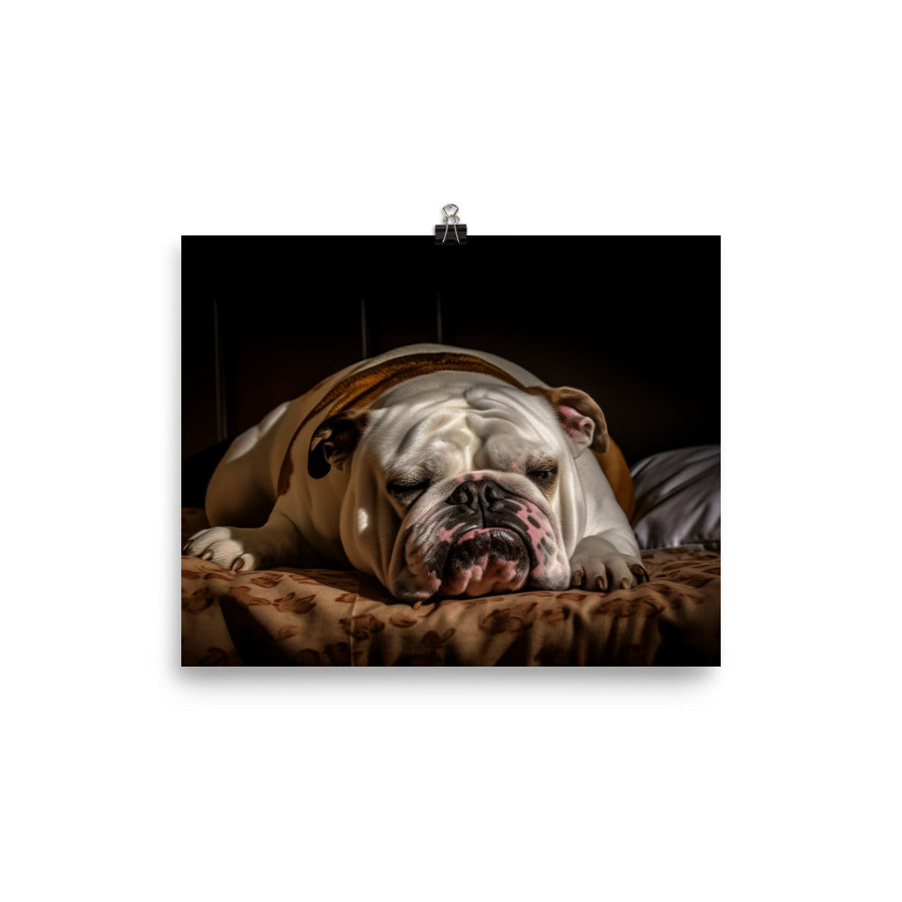 Sleepy Bulldog in His Bed photo paper poster - Posterfy.AI