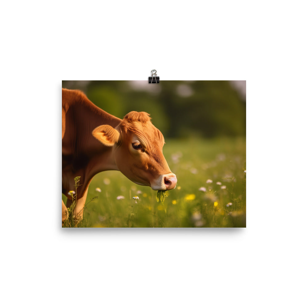 Adorable Jersey Cow Grazing in a Sunny Meadow photo paper poster - Posterfy.AI