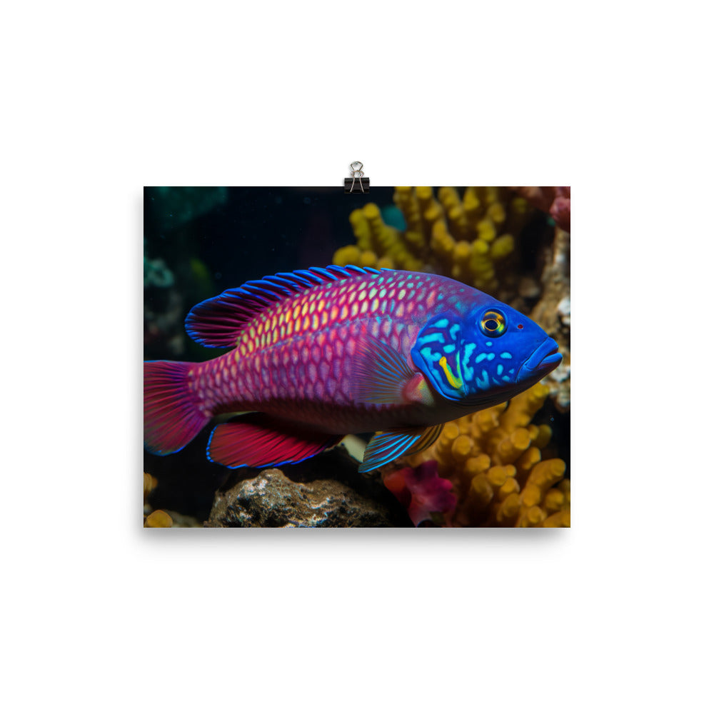 Vibrant African Cichlid Swimming Among Colorful Coral photo paper poster - Posterfy.AI