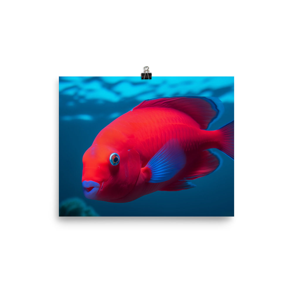 Vibrant Blood Parrot Fish Swimming in Tropical Waters photo paper poster - Posterfy.AI